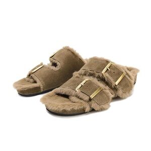 Women Fuzzy Fur Slide Sandals Open Toe Double Strap Slippers Taupe Suede Sz 7